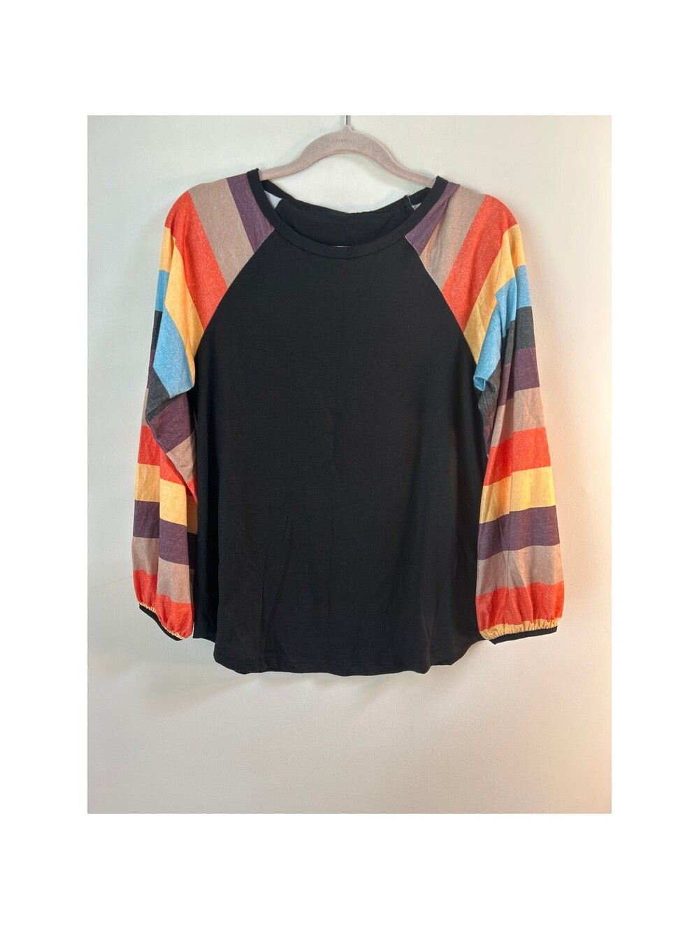 Women’s S Black Rainbow Stripe Raglan Long Sleeve Top Colorblock Casual